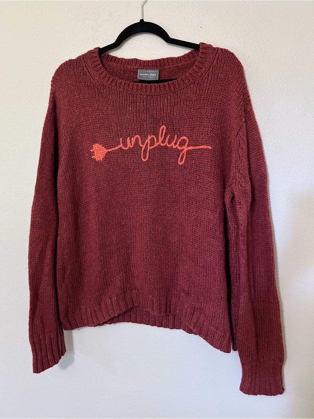 Wooden Ships Rose Red Casual Knit Crewneck Sweater with Coral 'unplug' Script